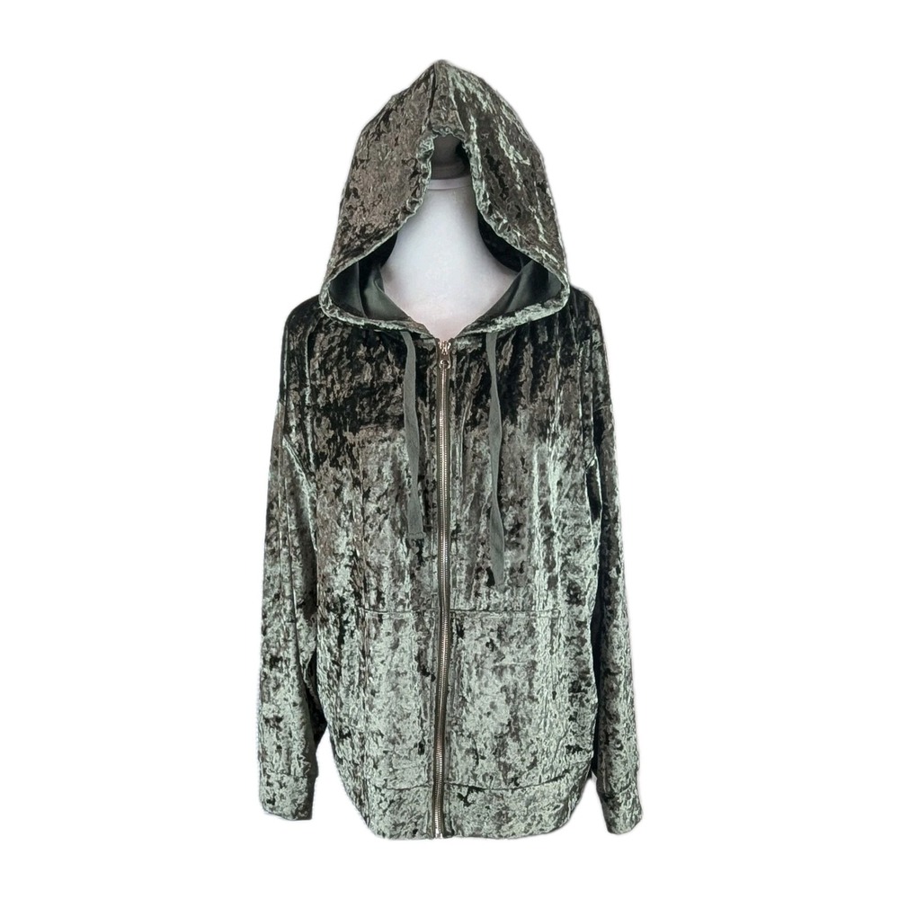 All At Once NY Crushed Velvet Green Hoodie Jacket XL Full Zip Drawstring Pockets